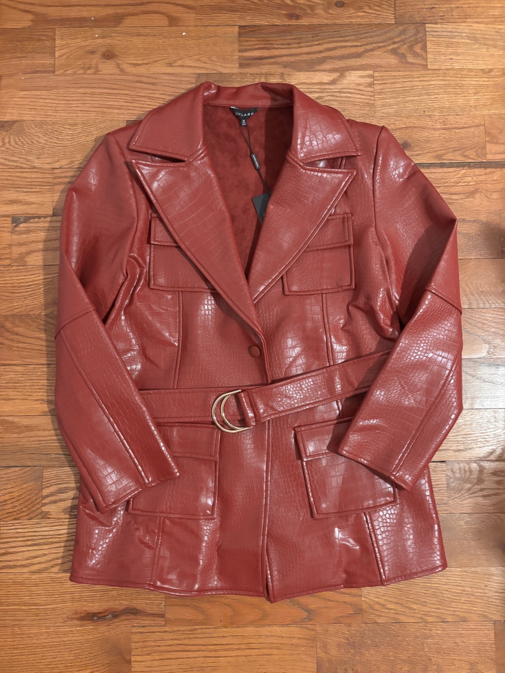 JLUXLABEL Croc-Embossed Faux Leather Trench Coat in Rust Red